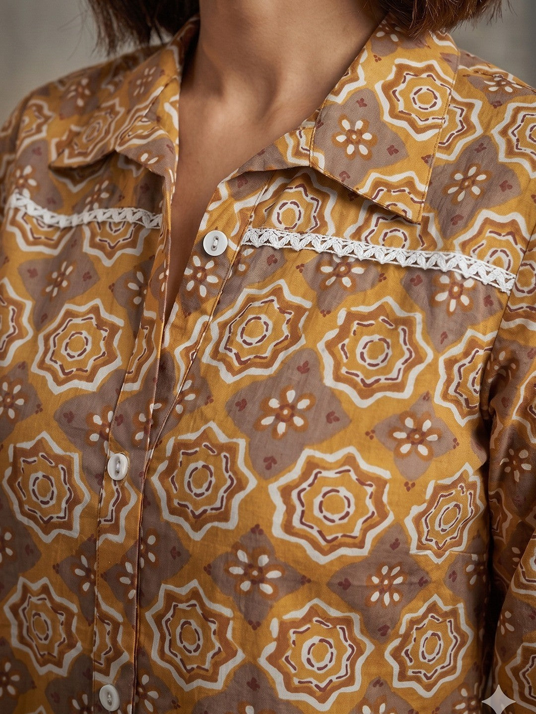 Mustard Geometric Printed Pure Cotton Shirt Style Top - Image 5