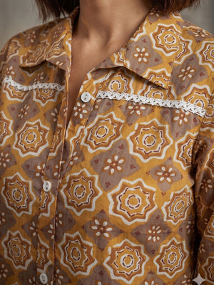 Mustard Geometric Printed Pure Cotton Shirt Style Top - Image 2