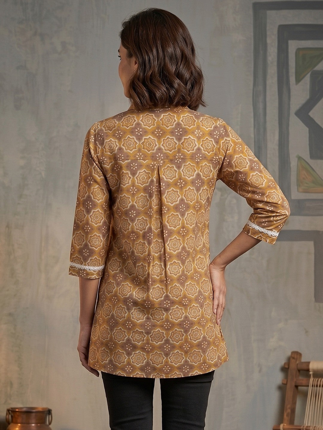 Mustard Geometric Printed Pure Cotton Shirt Style Top - Image 4