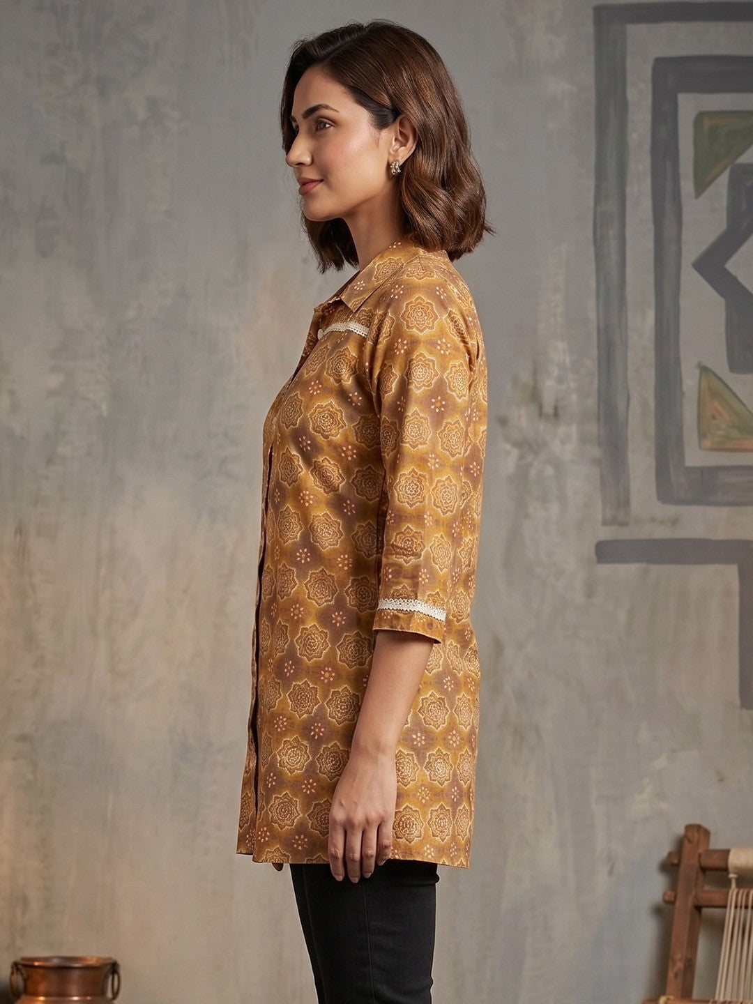 Mustard Geometric Printed Pure Cotton Shirt Style Top - Image 3