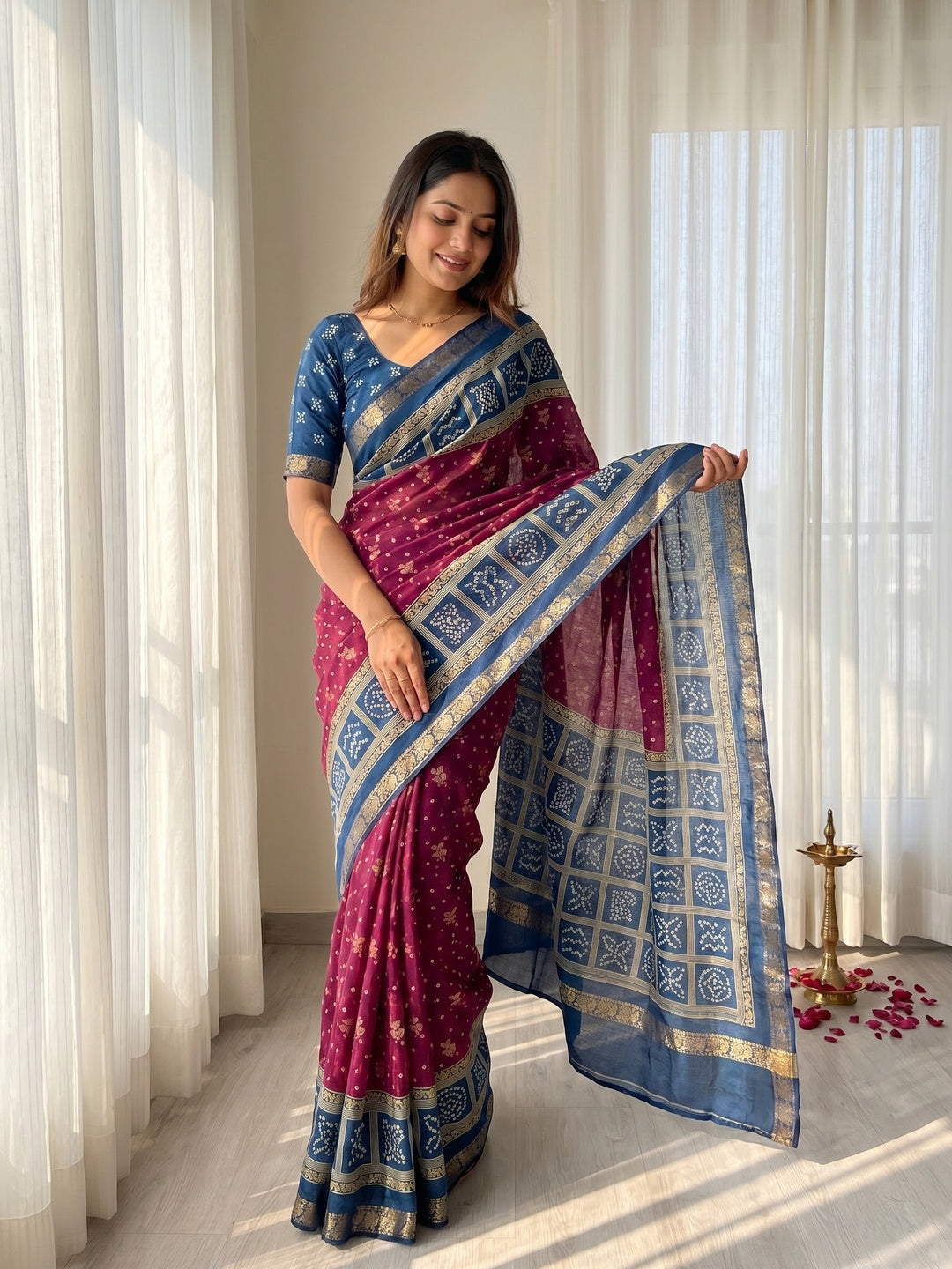 Elegant Wine Viscose Bandhani Printed Saree with Jacquard Border - Image 1