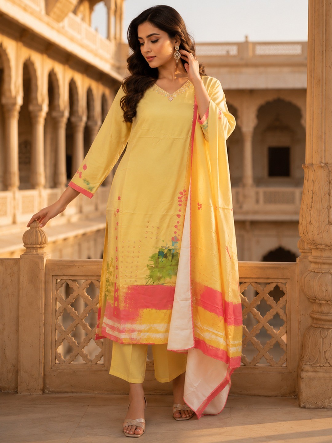 Yellow Rayon Salwar Suit with Elegant Print and Matching Dupatta Festive Wear - Image 1