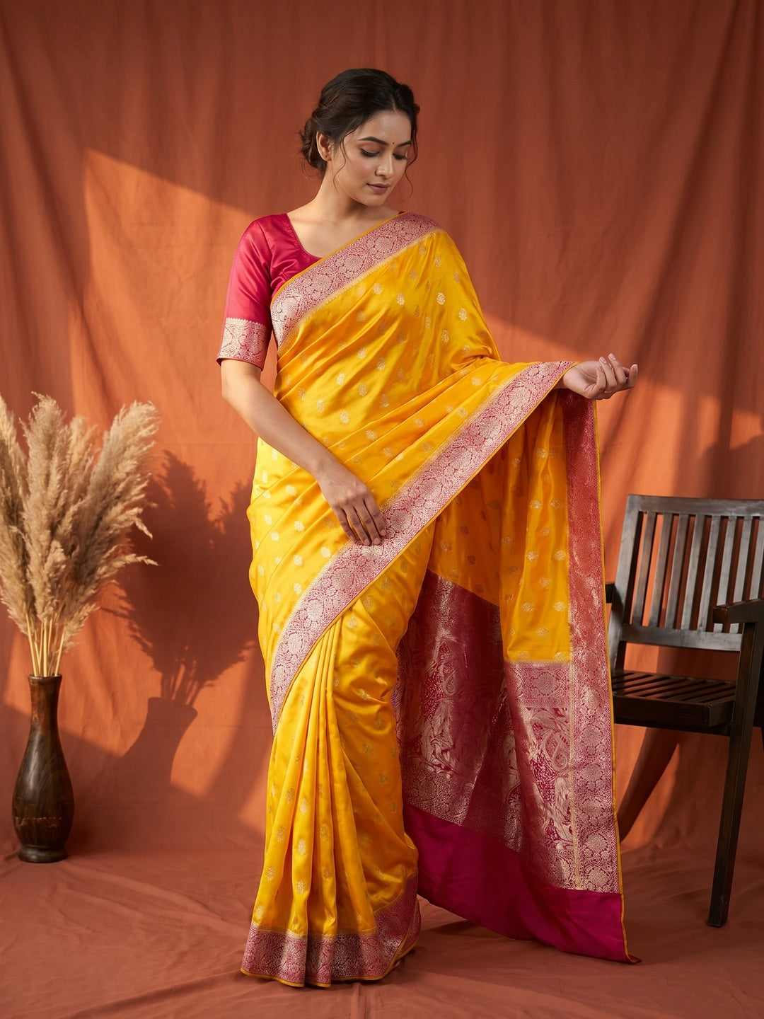Elegant Mustard Satin Silk Saree with Zari Work and Contrast Pink Border - Image 1