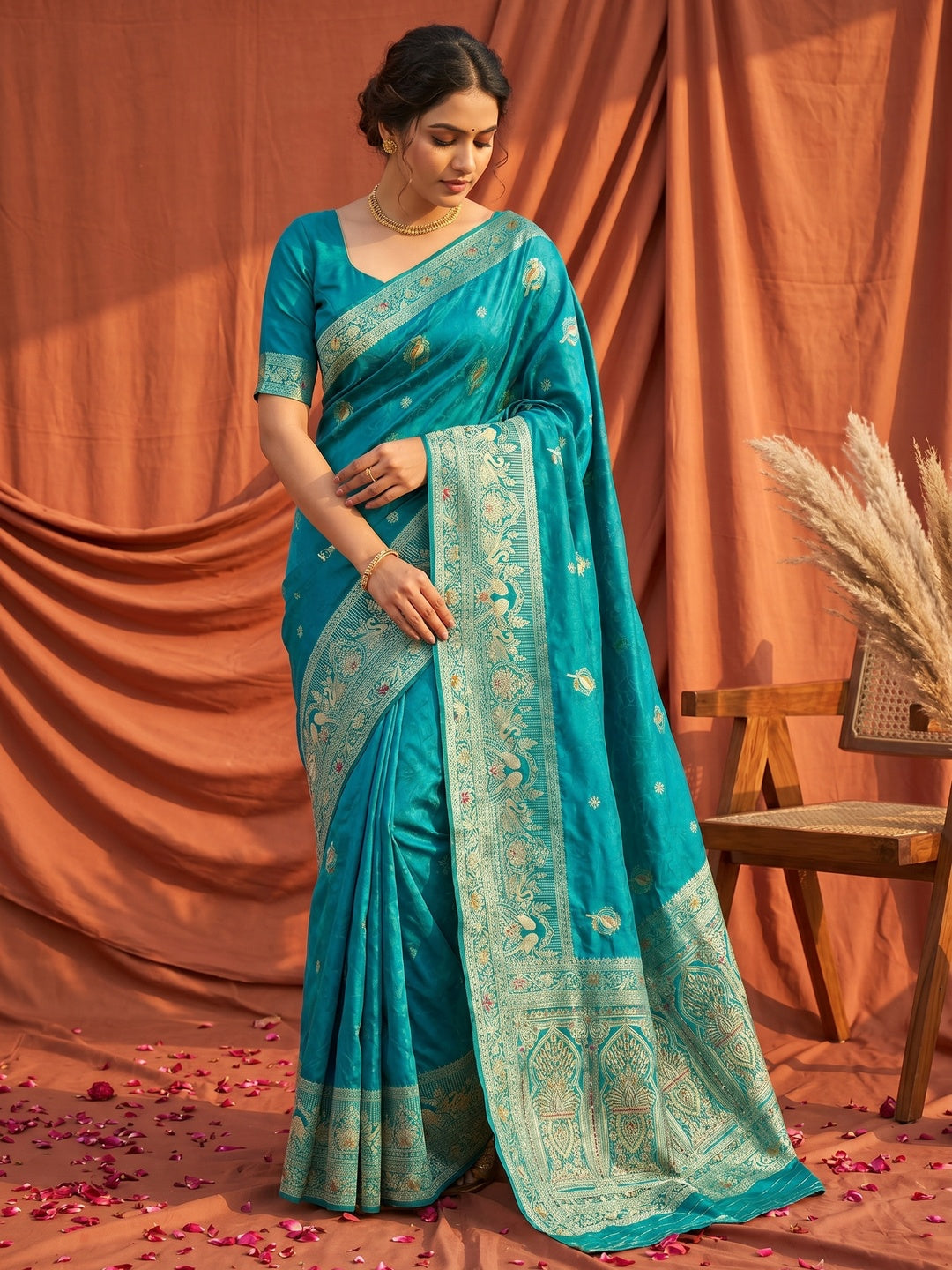 Rama Blue Organza Satin Silk Saree with Zari Work - Image 1