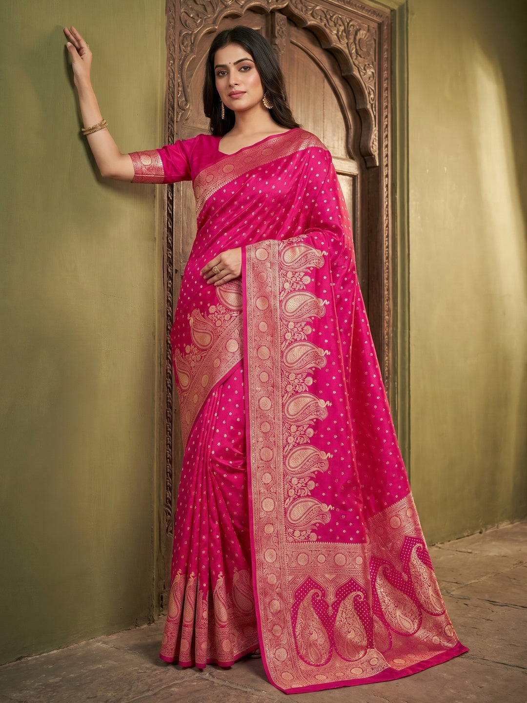 Elegant Pink Satin Saree with Intricate Zari Weaving and Paisley Patterns - Image 1