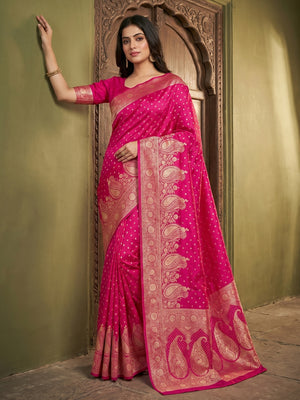 Elegant Pink Satin Saree with Intricate Zari Weaving and Paisley Patterns - Image 1