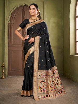 Traditional Black Floral Zari Weaving Silk Paithani Saree With Intricate Designer Pallu - Image 1