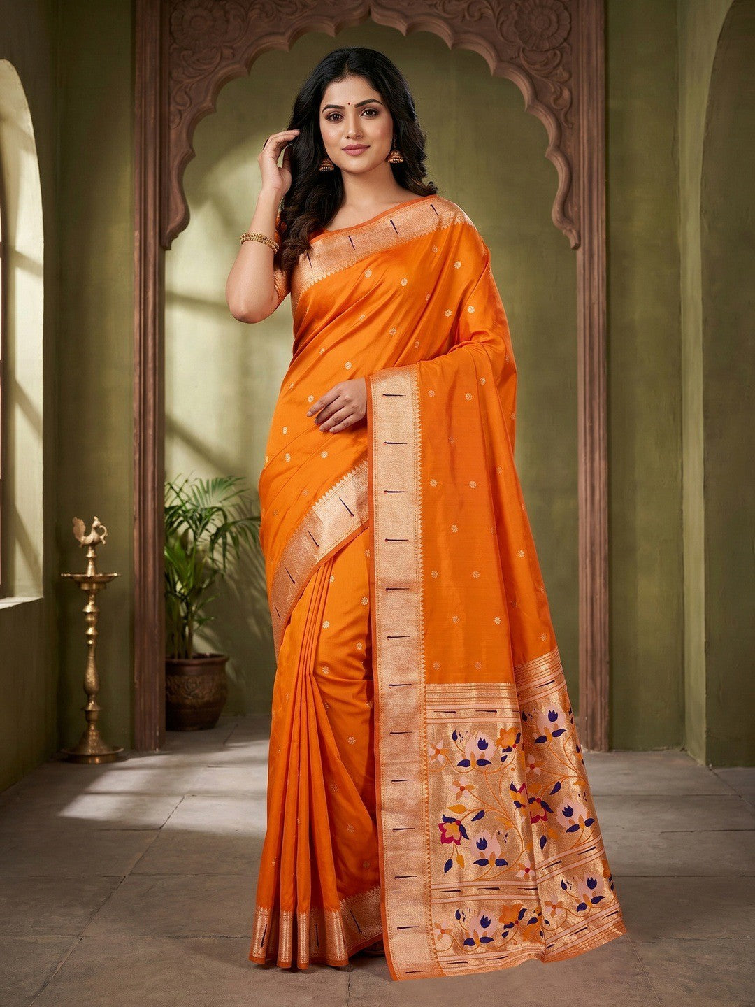 Traditional Orange Floral Zari Weaving Silk Paithani Saree With Intricate Designer Pallu - Image 1