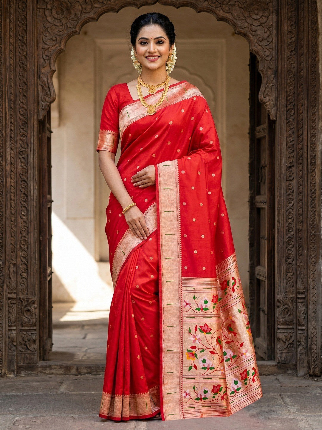 Traditional Red Floral Zari Weaving Silk Paithani Saree With Intricate Designer Pallu - Image 1