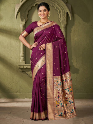 Traditional Wine Floral Zari Weaving Silk Paithani Saree With Intricate Designer Pallu - Image 1