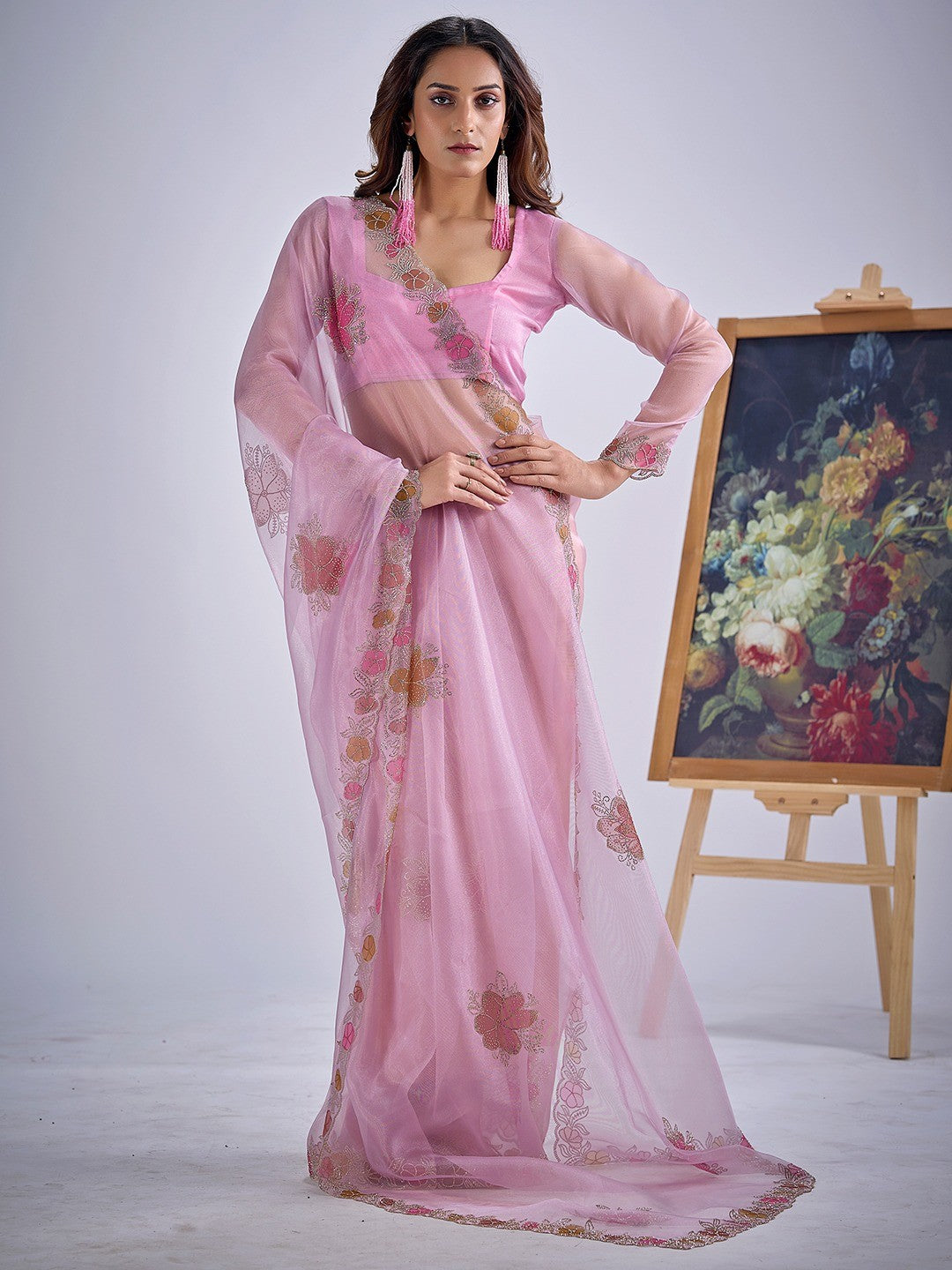 Light Lavender Traditional Hand Printed Organza Tissue Saree With Fancy Hand Stone Embellished Work - Image 5