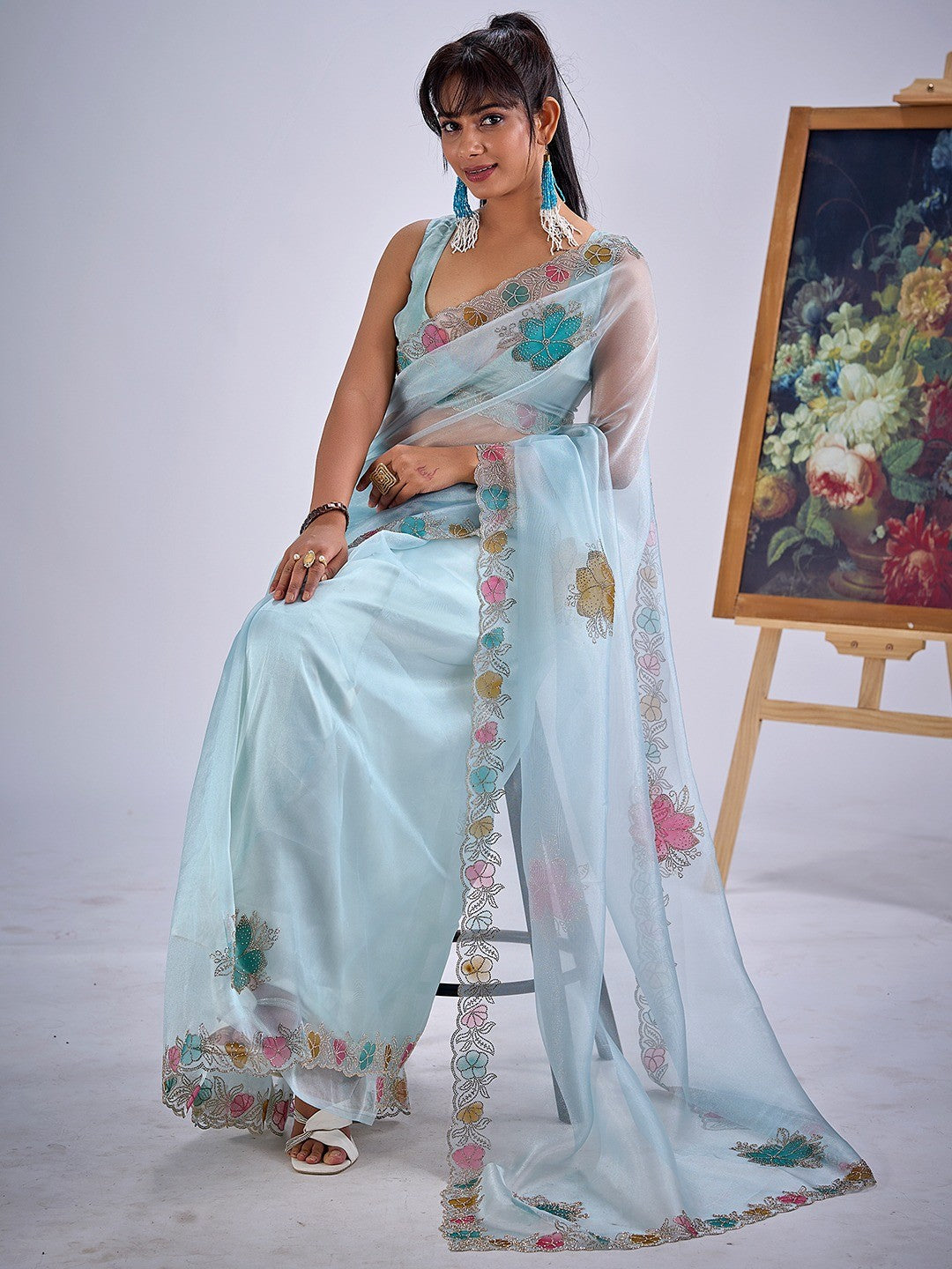 Sky Blue Traditional Hand Printed Organza Tissue Saree With Fancy Hand Stone Embellished Work - Image 4