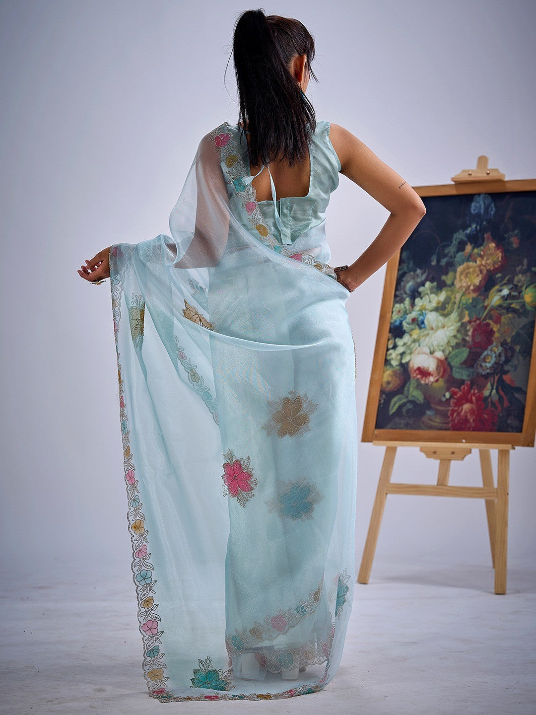 Sky Blue Traditional Hand Printed Organza Tissue Saree With Fancy Hand Stone Embellished Work - Image 3