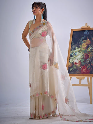 Cream Traditional Hand Printed Organza Tissue Saree With Fancy Hand Stone Embellished Work - Image 2