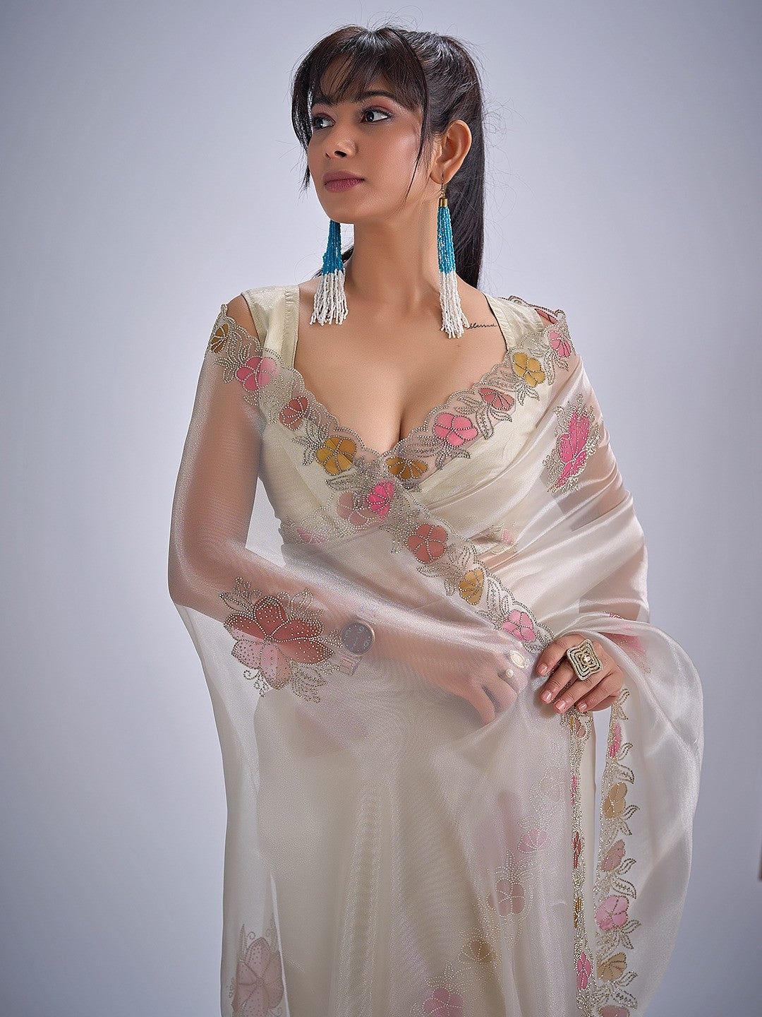Cream Traditional Hand Printed Organza Tissue Saree With Fancy Hand Stone Embellished Work - Image 2