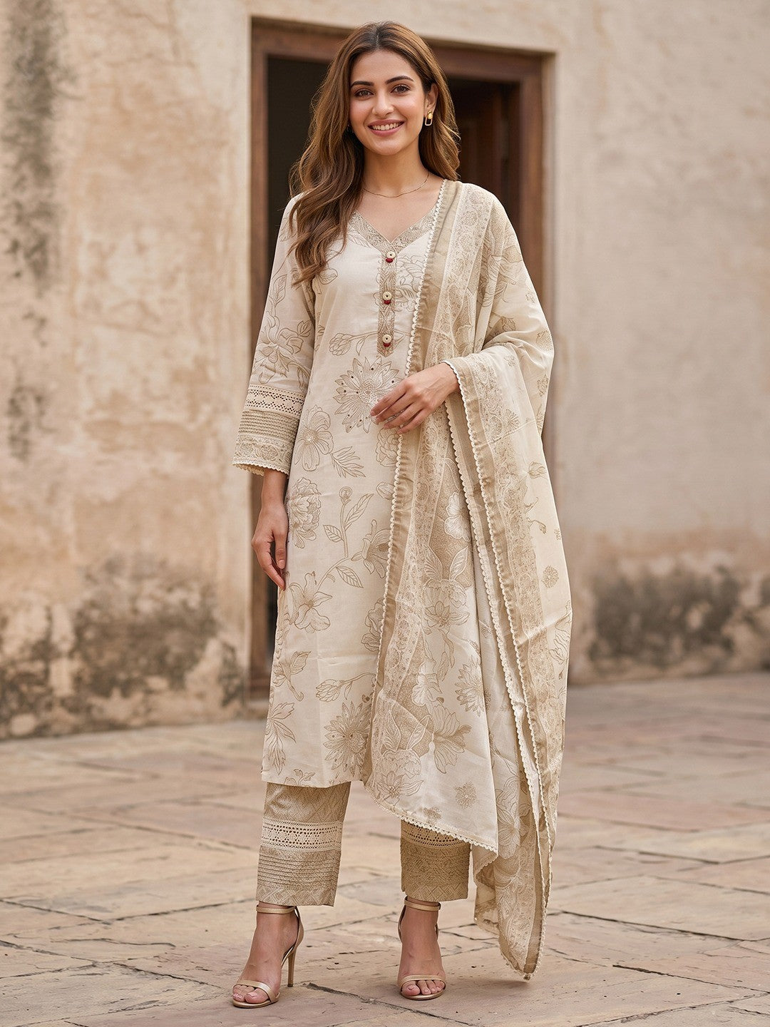 Chikoo Floral Printed Cotton Blend Straight Suit Set with Dupatta - Image 1