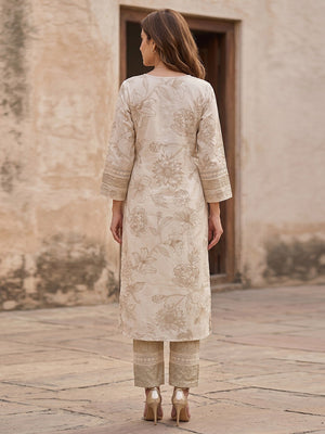Chikoo Floral Printed Cotton Blend Straight Suit Set with Dupatta - Image 2