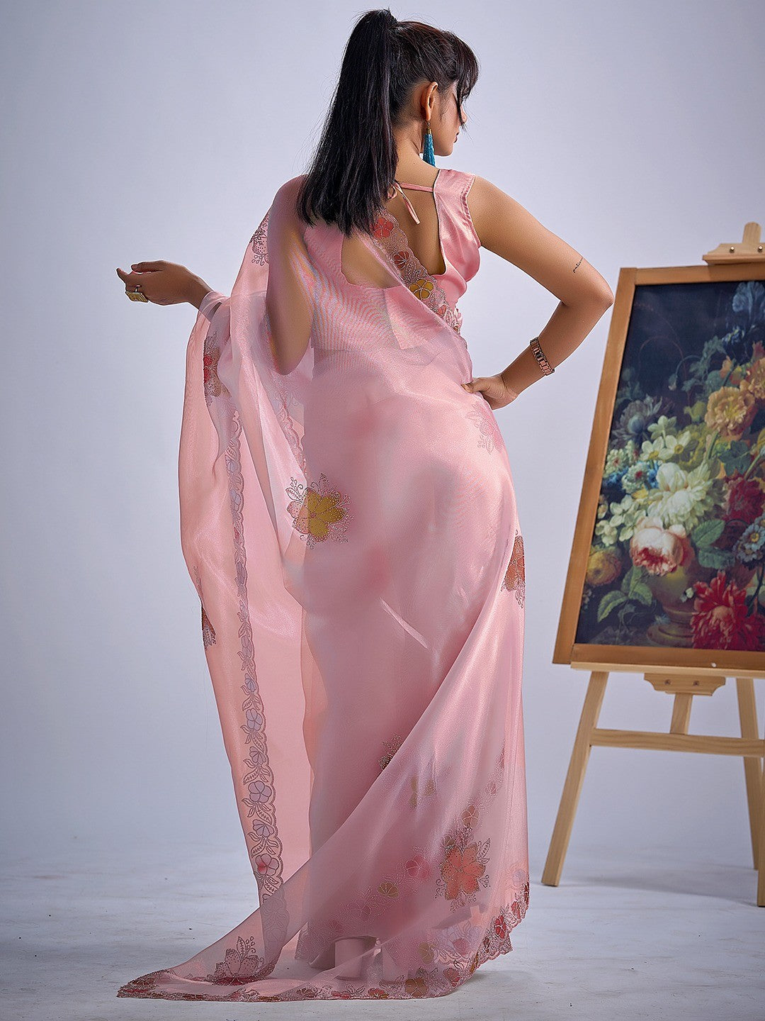 Pink Traditional Hand Printed Organza Tissue Saree With Fancy Hand Stone Embellished Work - Image 3