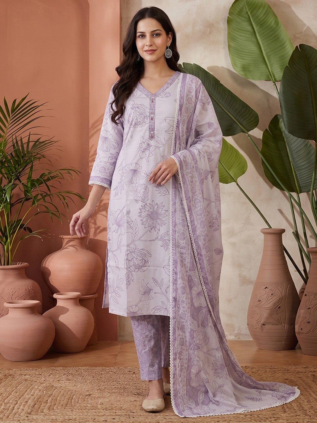 Puple Floral Printed Cotton Blend Straight Suit Set with Dupatta - Image 1