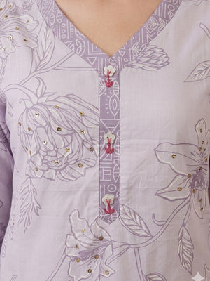 Puple Floral Printed Cotton Blend Straight Suit Set with Dupatta - Image 2