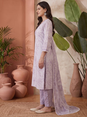Puple Floral Printed Cotton Blend Straight Suit Set with Dupatta - Image 2