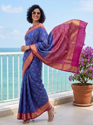 Elegant Blue Ikkat Print Linen Saree with Zari Border - Image 1