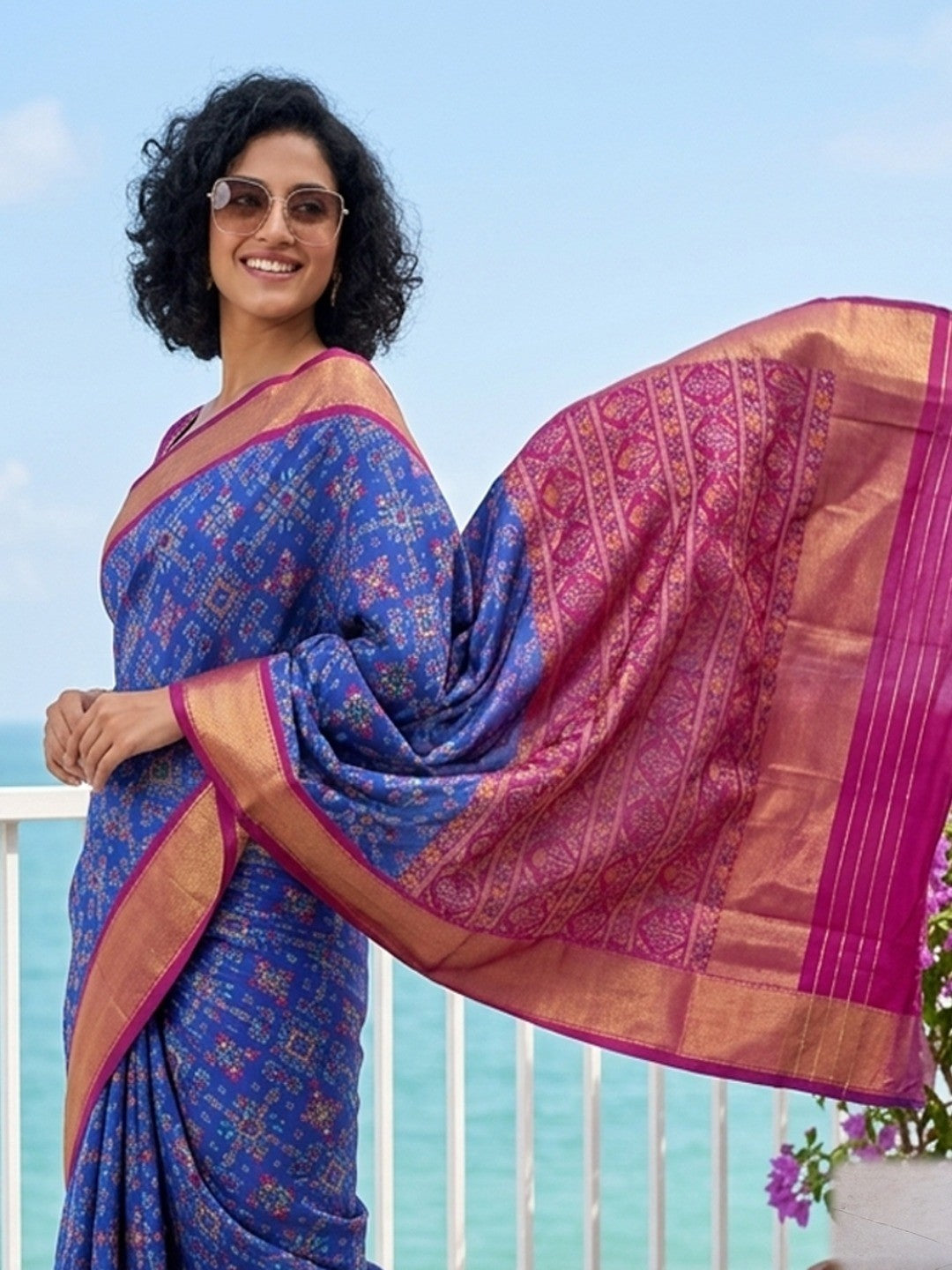 Elegant Blue Ikkat Print Linen Saree with Zari Border - Image 3