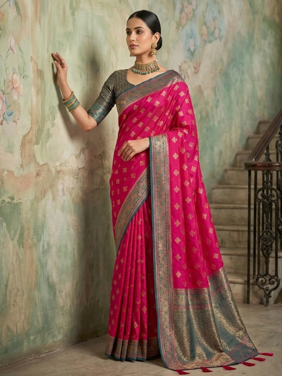 Elegant Pink Silk Blend Zari Work Saree for Festive Occasions - Image 1