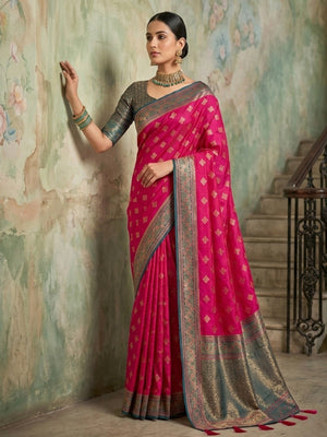 Elegant Pink Silk Blend Zari Work Saree for Festive Occasions - Image 1