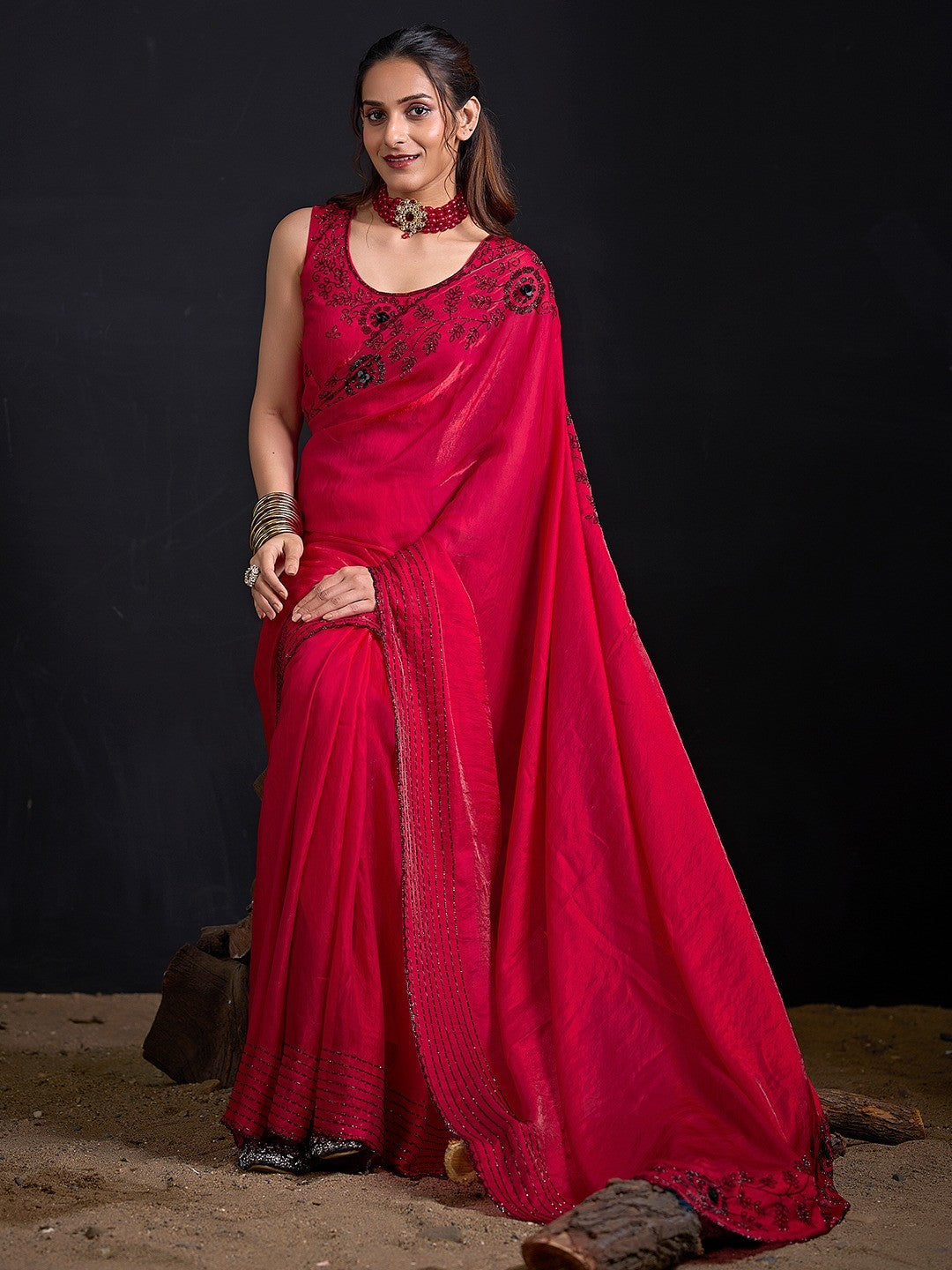 Opulent Cherry Red Stone Work Satin Silk Saree With Hand Cut Dana & Sequin Applic Work - Image 6
