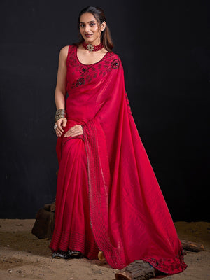Opulent Cherry Red Stone Work Satin Silk Saree With Hand Cut Dana & Sequin Applic Work - Image 2