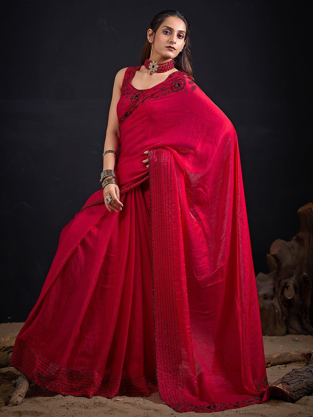 Opulent Cherry Red Stone Work Satin Silk Saree With Hand Cut Dana & Sequin Applic Work - Image 5