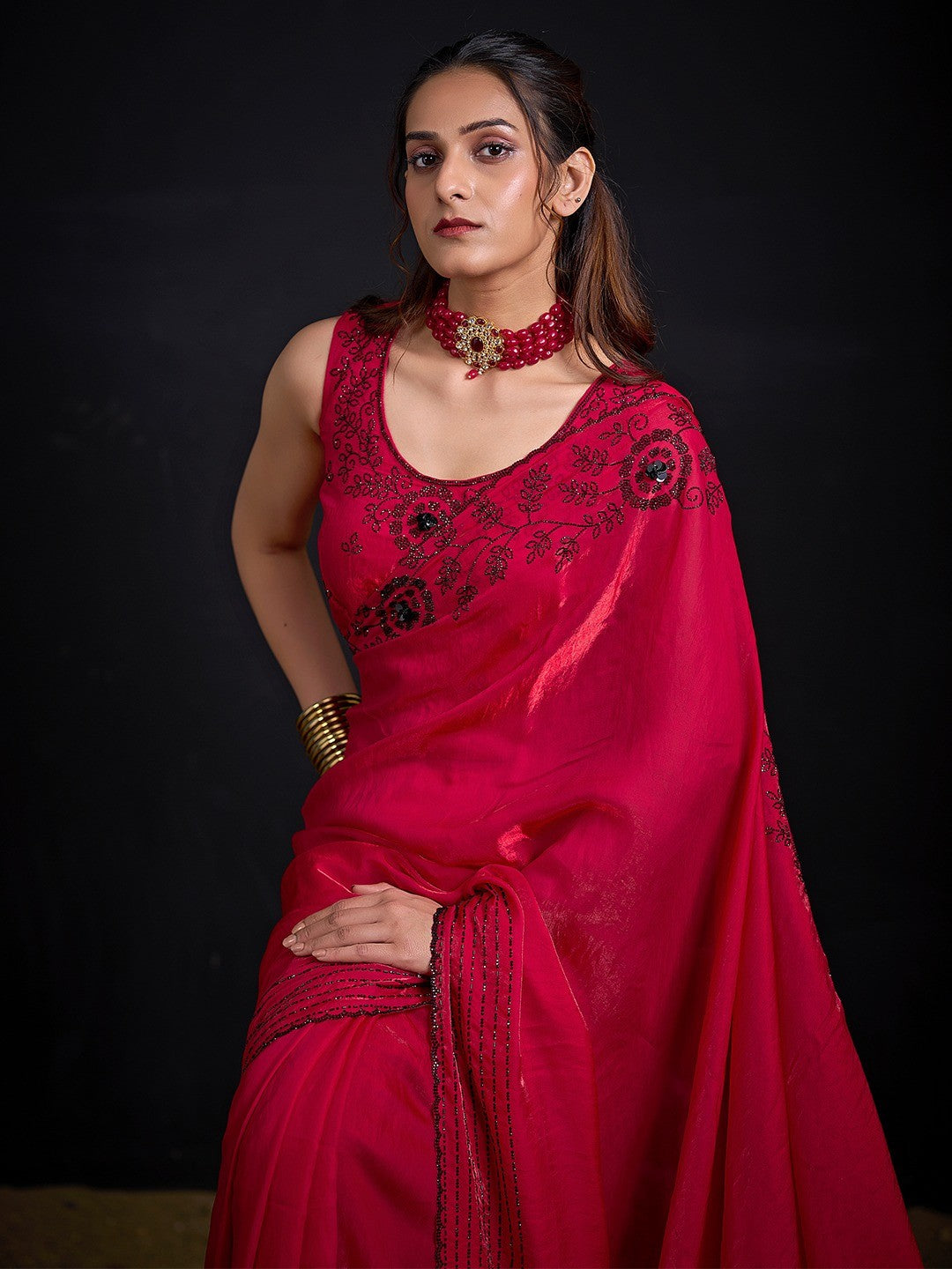Opulent Cherry Red Stone Work Satin Silk Saree With Hand Cut Dana & Sequin Applic Work - Image 2