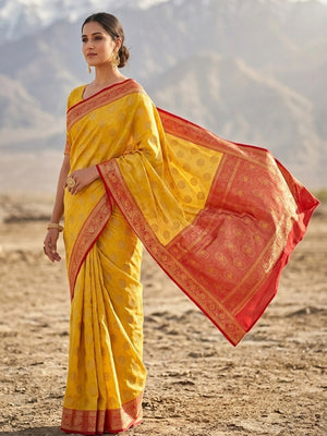 Mustard Yellow Silk Blend Saree with Luxurious Golden Weaving - Image 1