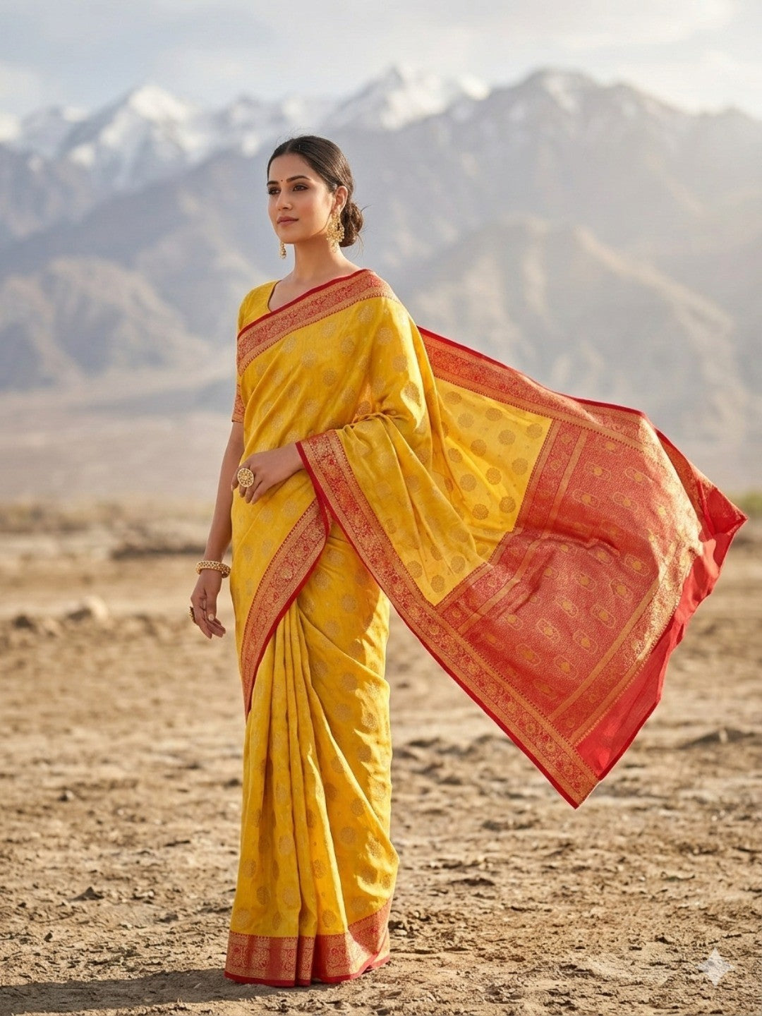 Mustard Yellow Silk Blend Saree with Luxurious Golden Weaving - Image 4