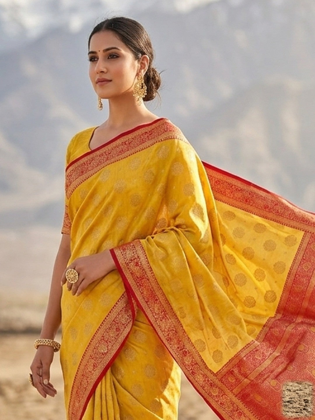 Mustard Yellow Silk Blend Saree with Luxurious Golden Weaving - Image 3