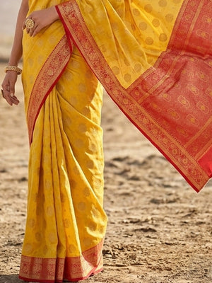 Mustard Yellow Silk Blend Saree with Luxurious Golden Weaving - Image 2