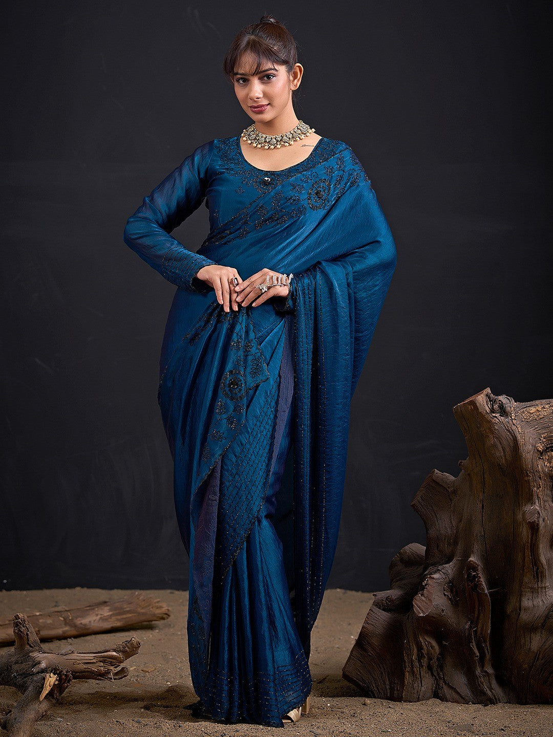 Opulent Morpich Blue Stone Work Satin Silk Saree With Hand Cut Dana & Sequin Applic Work - Image 6