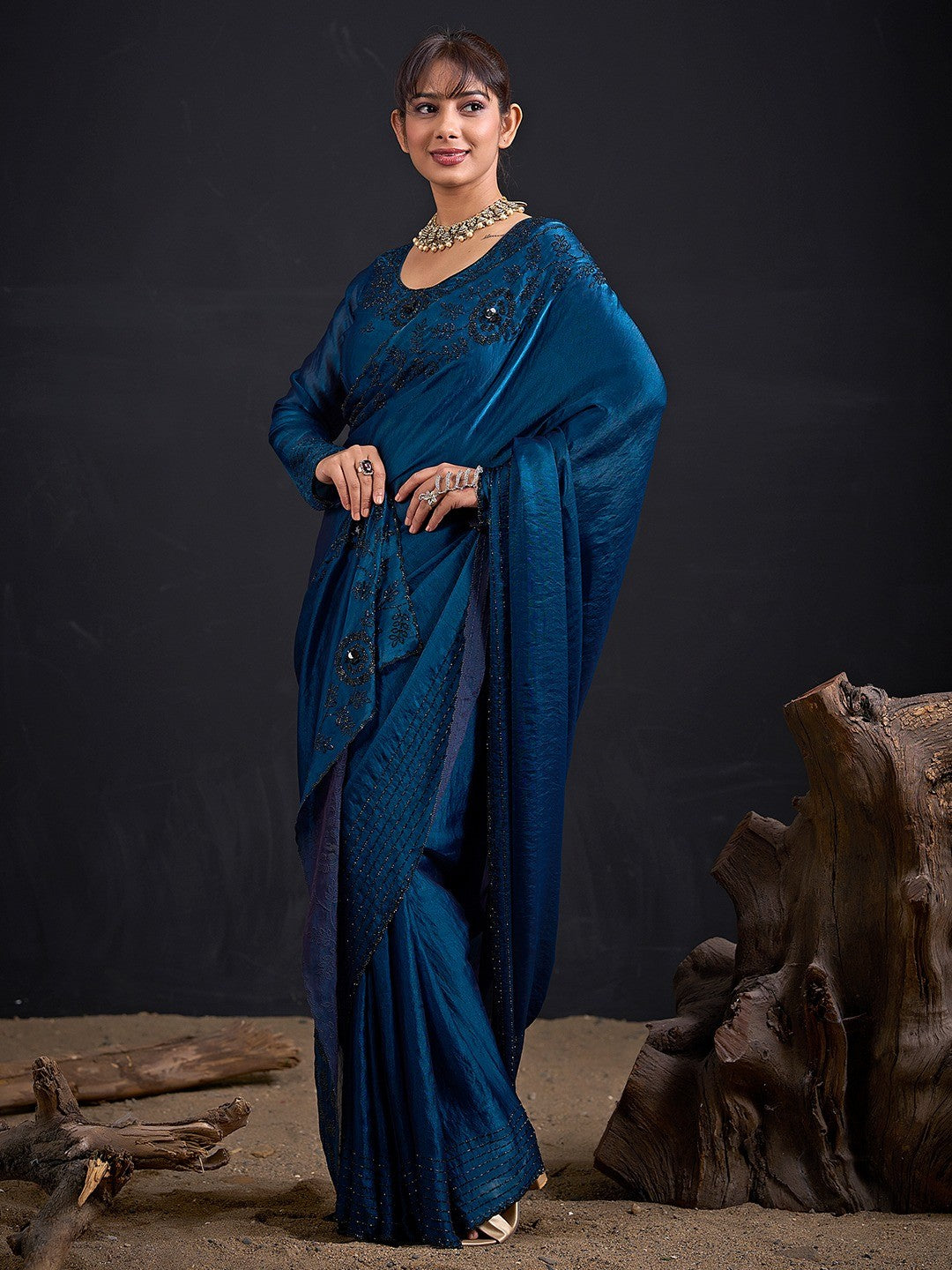 Opulent Morpich Blue Stone Work Satin Silk Saree With Hand Cut Dana & Sequin Applic Work - Image 3