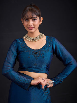 Opulent Morpich Blue Stone Work Satin Silk Saree With Hand Cut Dana & Sequin Applic Work - Image 2