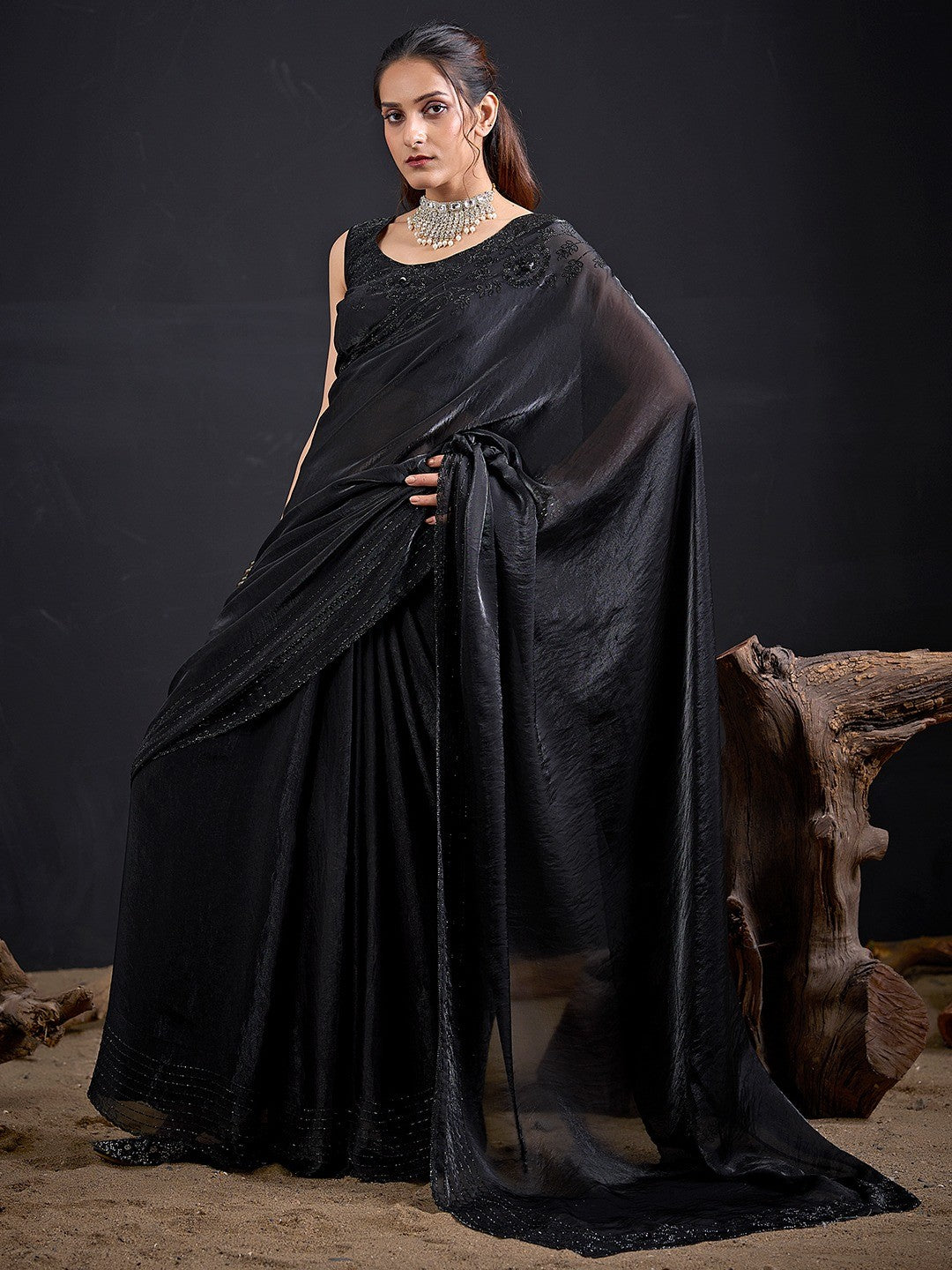 Opulent Black Stone Work Satin Silk Saree With Hand Cut Dana & Sequin Applic Work - Image 2