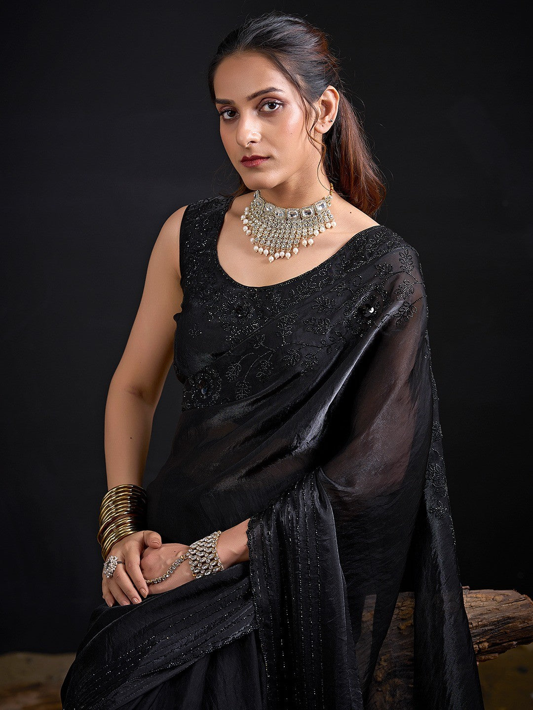 Opulent Black Stone Work Satin Silk Saree With Hand Cut Dana & Sequin Applic Work - Image 4