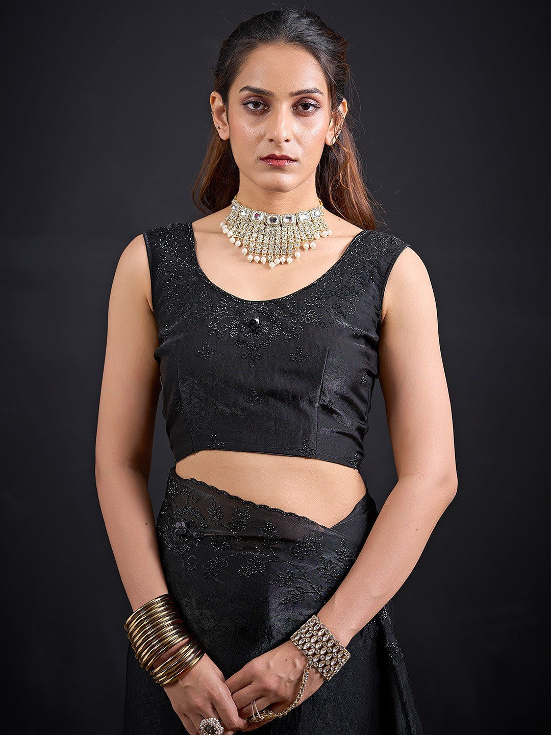Opulent Black Stone Work Satin Silk Saree With Hand Cut Dana & Sequin Applic Work - Image 3