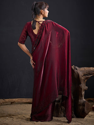 Opulent Maroon Stone Work Satin Silk Saree With Hand Cut Dana & Sequin Applic Work - Image 2