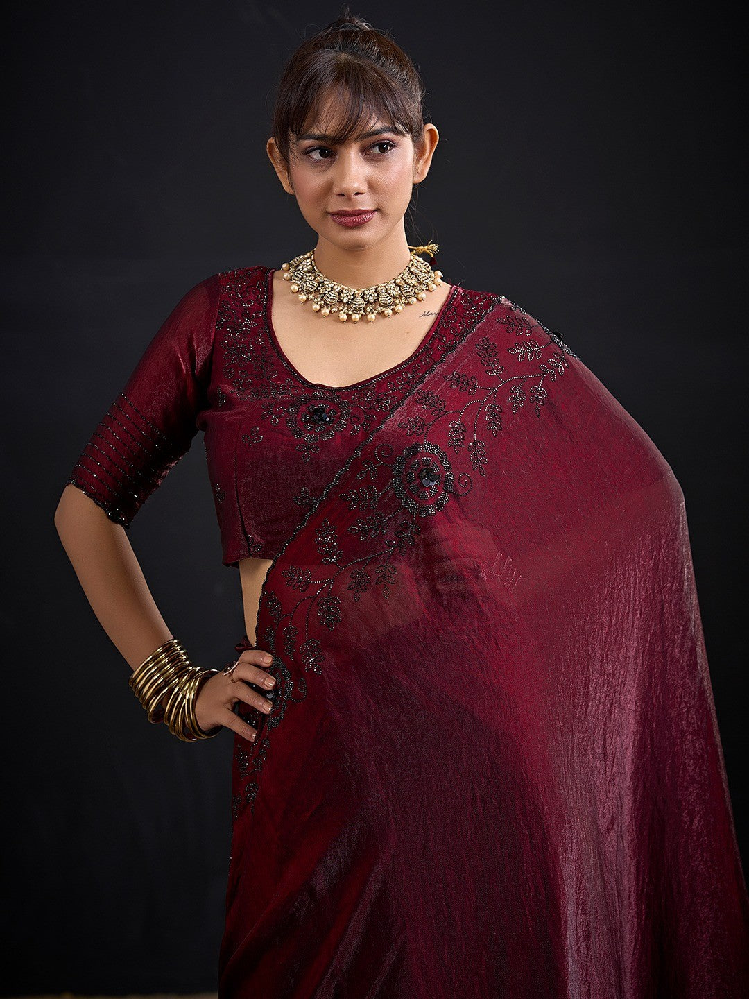Opulent Maroon Stone Work Satin Silk Saree With Hand Cut Dana & Sequin Applic Work - Image 2