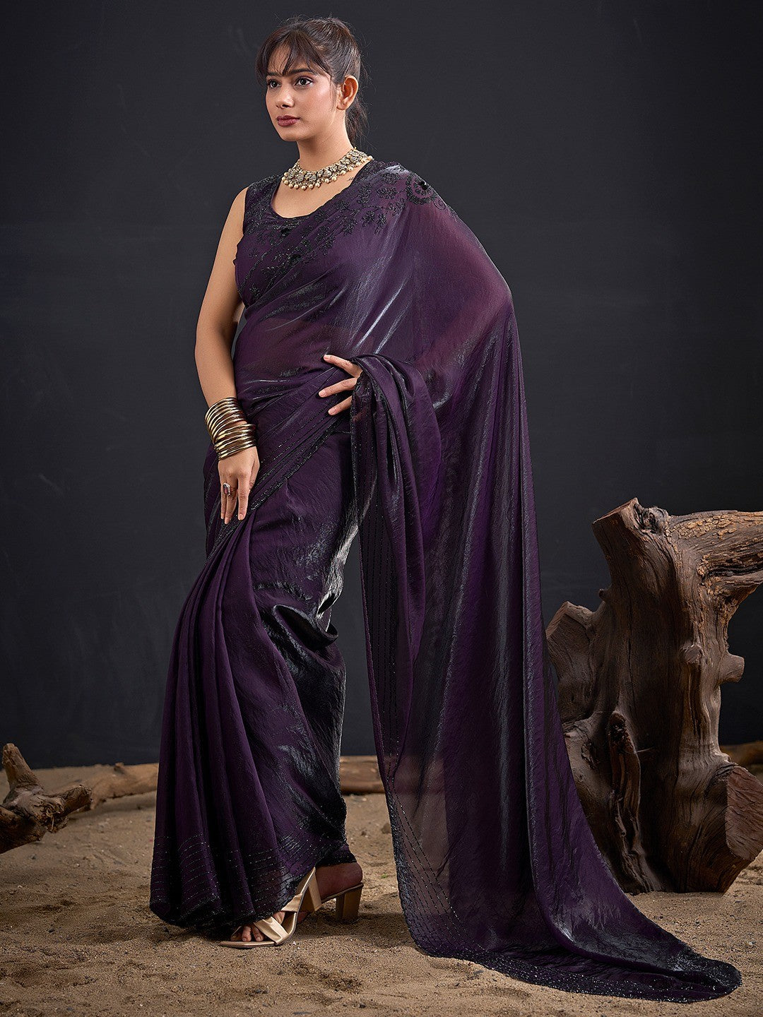 Opulent Dark Purple Stone Work Satin Silk Saree With Hand Cut Dana & Sequin Applic Work - Image 3