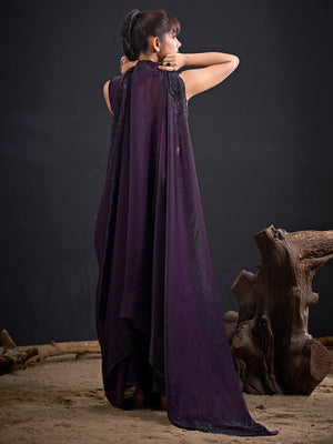 Opulent Dark Purple Stone Work Satin Silk Saree With Hand Cut Dana & Sequin Applic Work - Image 2