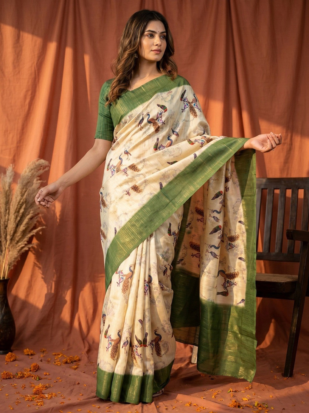 Stunning Cream & Green Digital Printed Cotton Blend Saree With Peacock Motifs - Image 1