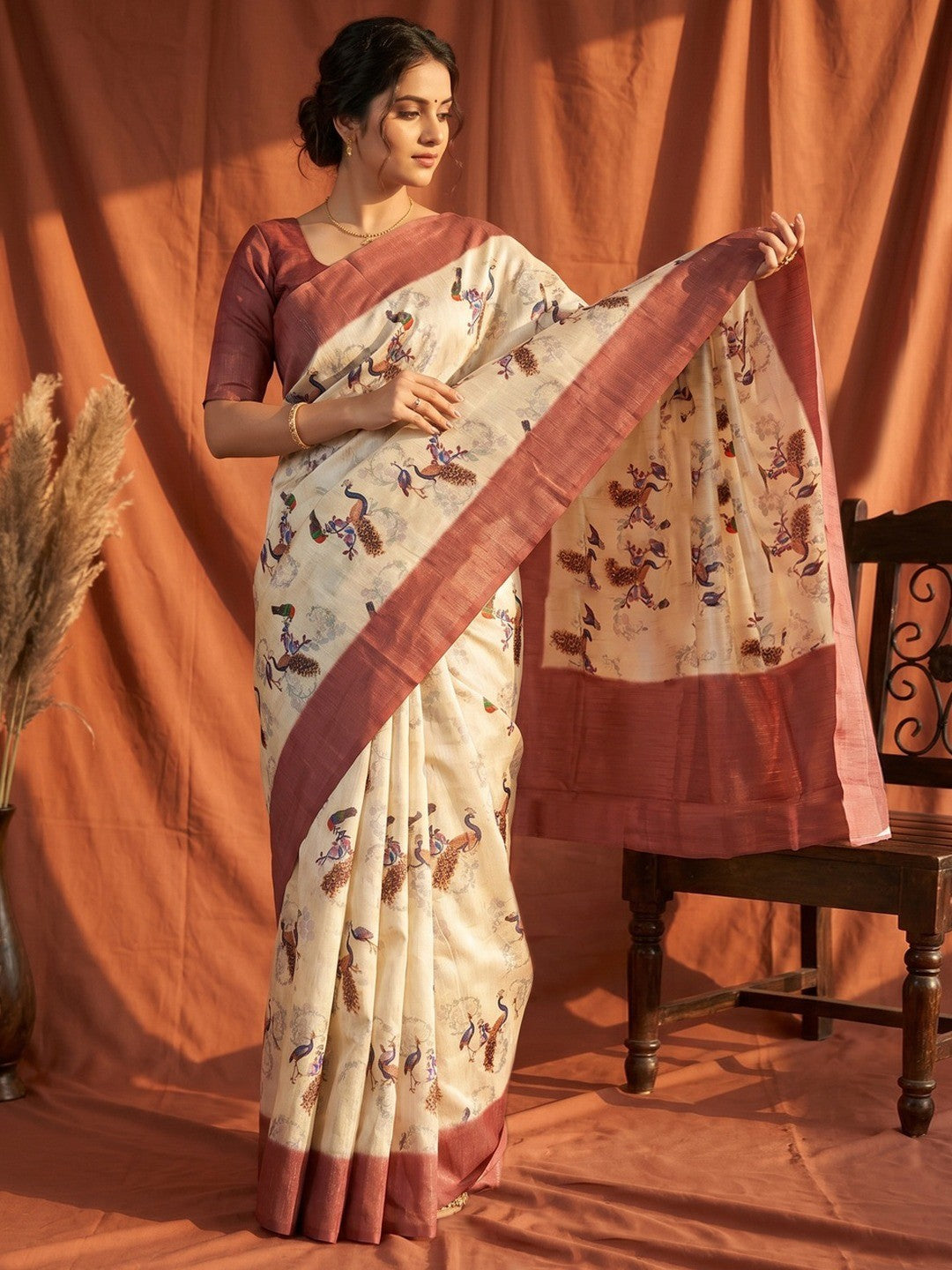 Stunning Cream & Dusty Rose Digital Printed Cotton Blend Saree With Peacock Motifs - Image 1