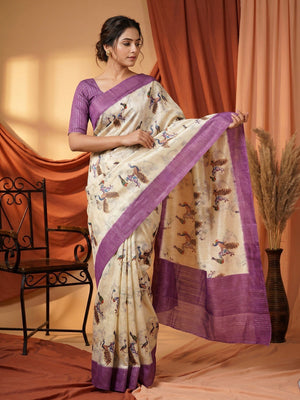 Stunning Cream & Purple Digital Printed Cotton Blend Saree With Peacock Motifs - Image 1